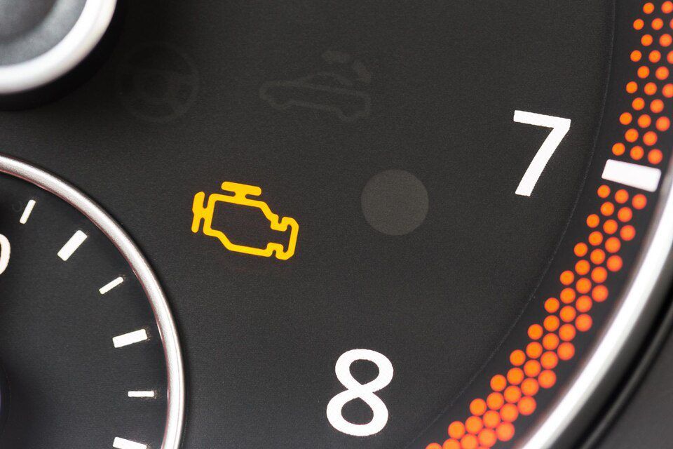 Yellow check engine light illuminated on a car dashboard gauge with circular design.