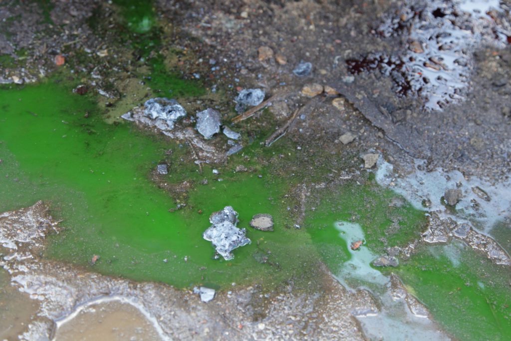 A large puddle of green antifreeze lays on the ground near where a vehicle that was leaking coolant was previously parked. 