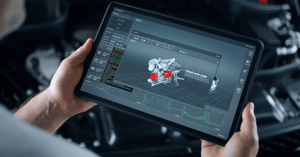 A technician specializing in engine repair in Albuquerque uses a diagnostic tool to read the codes generated by a vehicle's engine to troubleshoot problems. 